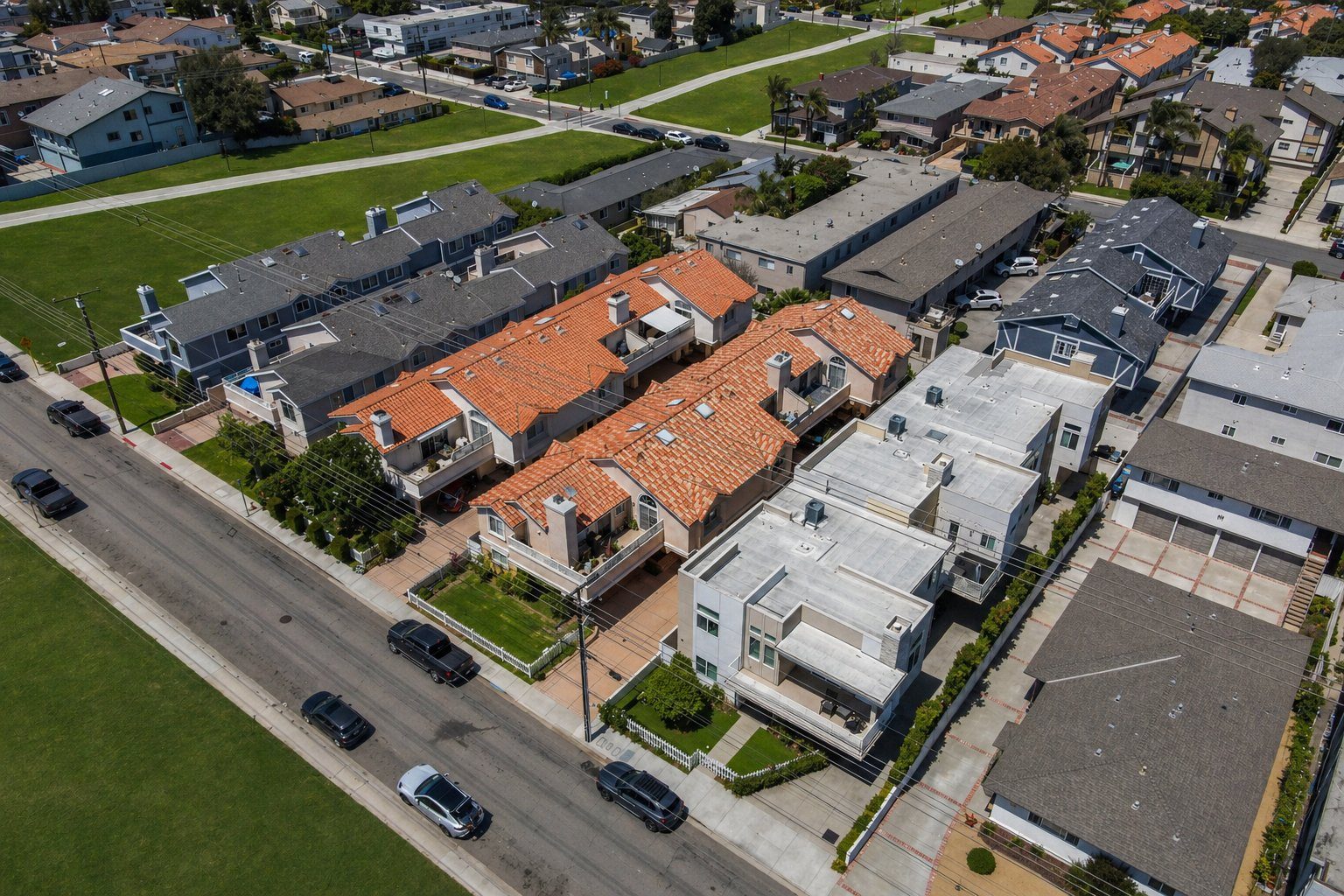 Aerial close-up showing the property in its block